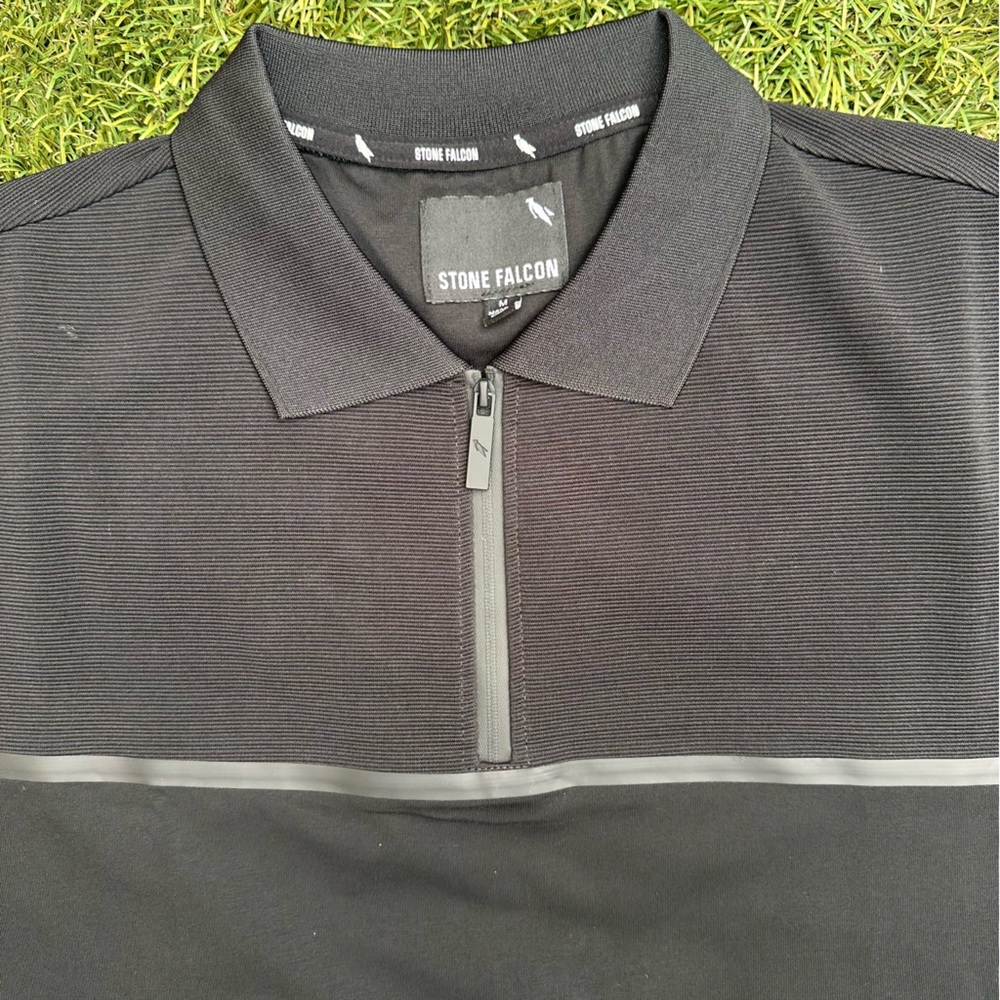 Stone Falcon Men’s Zip Placket Polo Shirt Monochrome Stretchy Performance Polo M